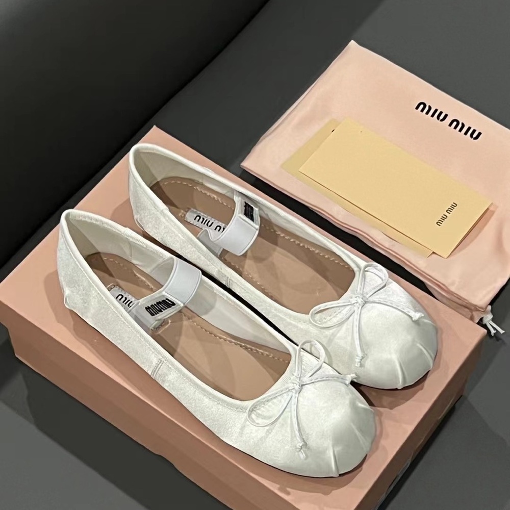 Miu Miu Ivory Satin Ballet Flats with Bow and Elastic Strap